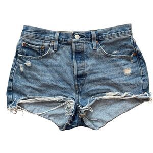 LEVI'S 501 High Rise Big E Shorts Womens W29 Cutoff Denim Blue Distressed